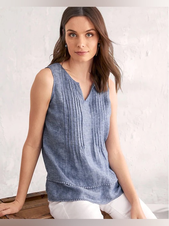 Garnet Hill Tops - Garnet Hill Linen Pintuck V Neck Tiered Lace Trim Tank Top Size 06